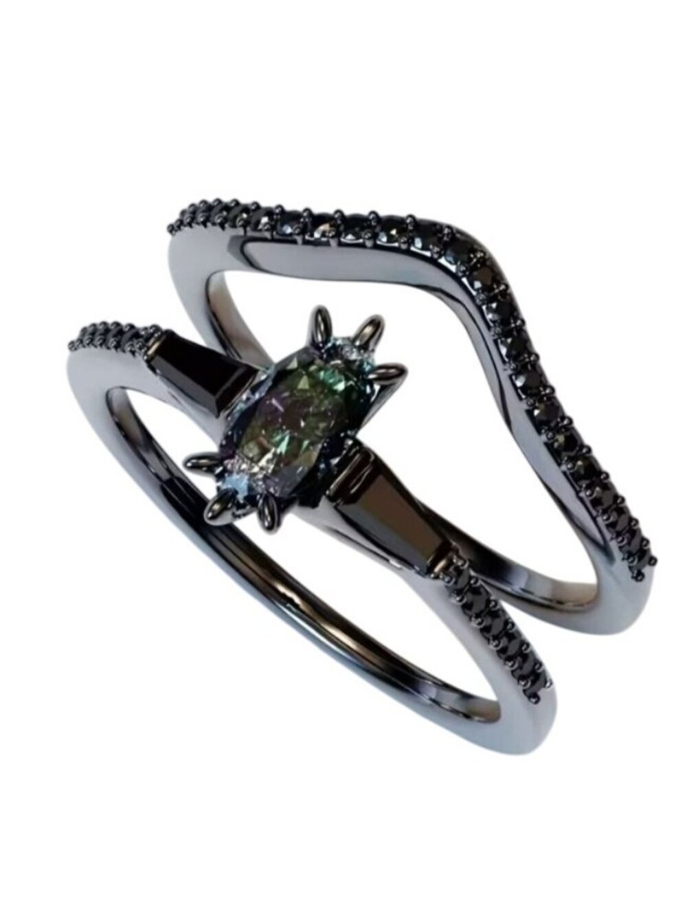 Marquise Cut Alexandrite Engagement Wedding Stacked 2 Ring Set in Rhodium